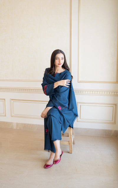 3PC Unstitched Dhanak Embroidered Shirt with Embroidered Dhanak Shawl and Trousers -QA015