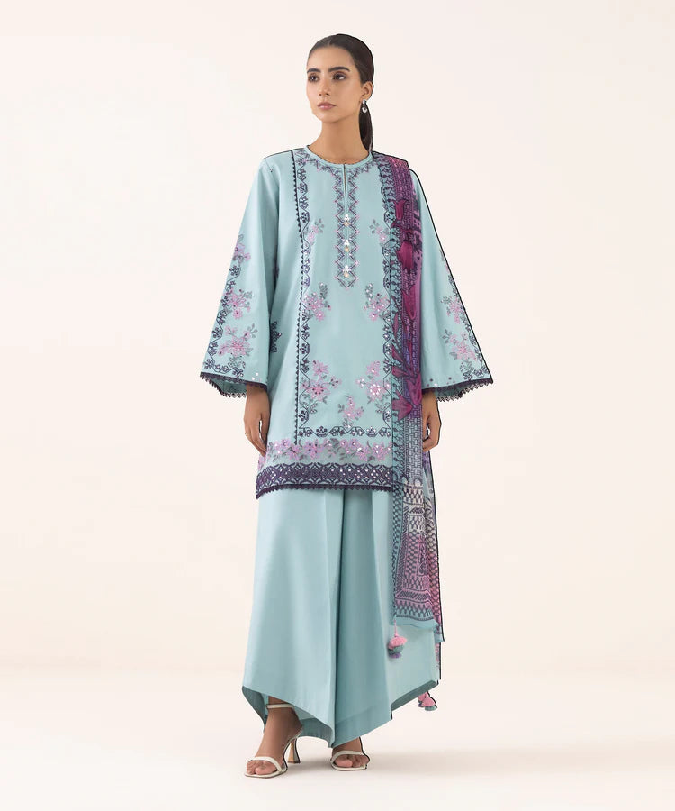 SAPPHIRE-3PC DHANAK EMBROIDERED SHIRT WITH COURTRAI PRINTED SHAWL AND TROUSER-BIC-4294