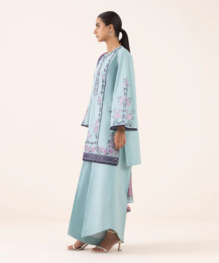 SAPPHIRE-3PC DHANAK EMBROIDERED SHIRT WITH COURTRAI PRINTED SHAWL AND TROUSER-BIC-4294