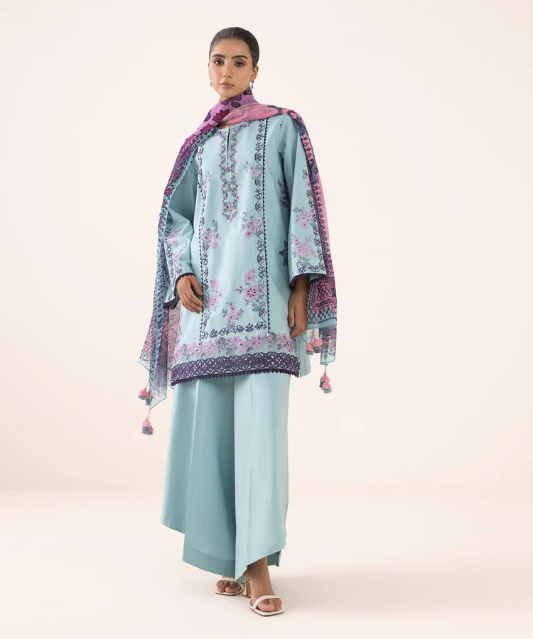 SAPPHIRE-3PC DHANAK EMBROIDERED SHIRT WITH COURTRAI PRINTED SHAWL AND TROUSER-BIC-4294