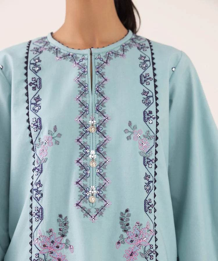 SAPPHIRE-3PC DHANAK EMBROIDERED SHIRT WITH COURTRAI PRINTED SHAWL AND TROUSER-BIC-4294