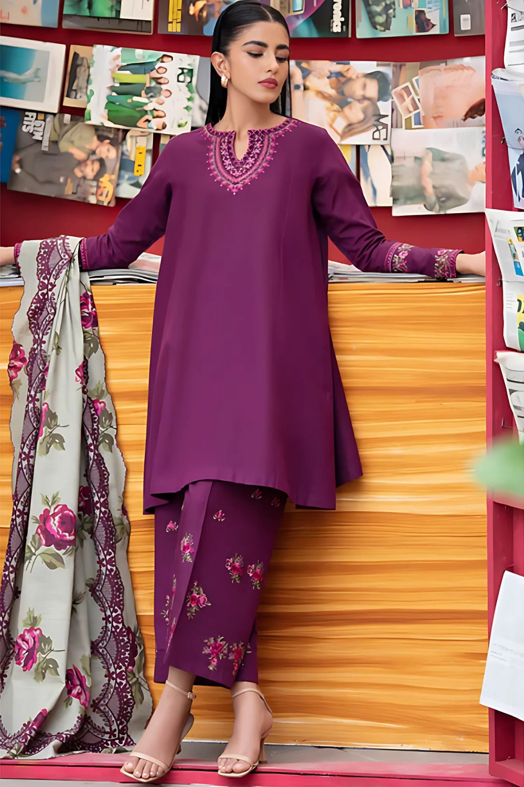 3PC-Embroidery Suit With Dhanak Shawl-QA878