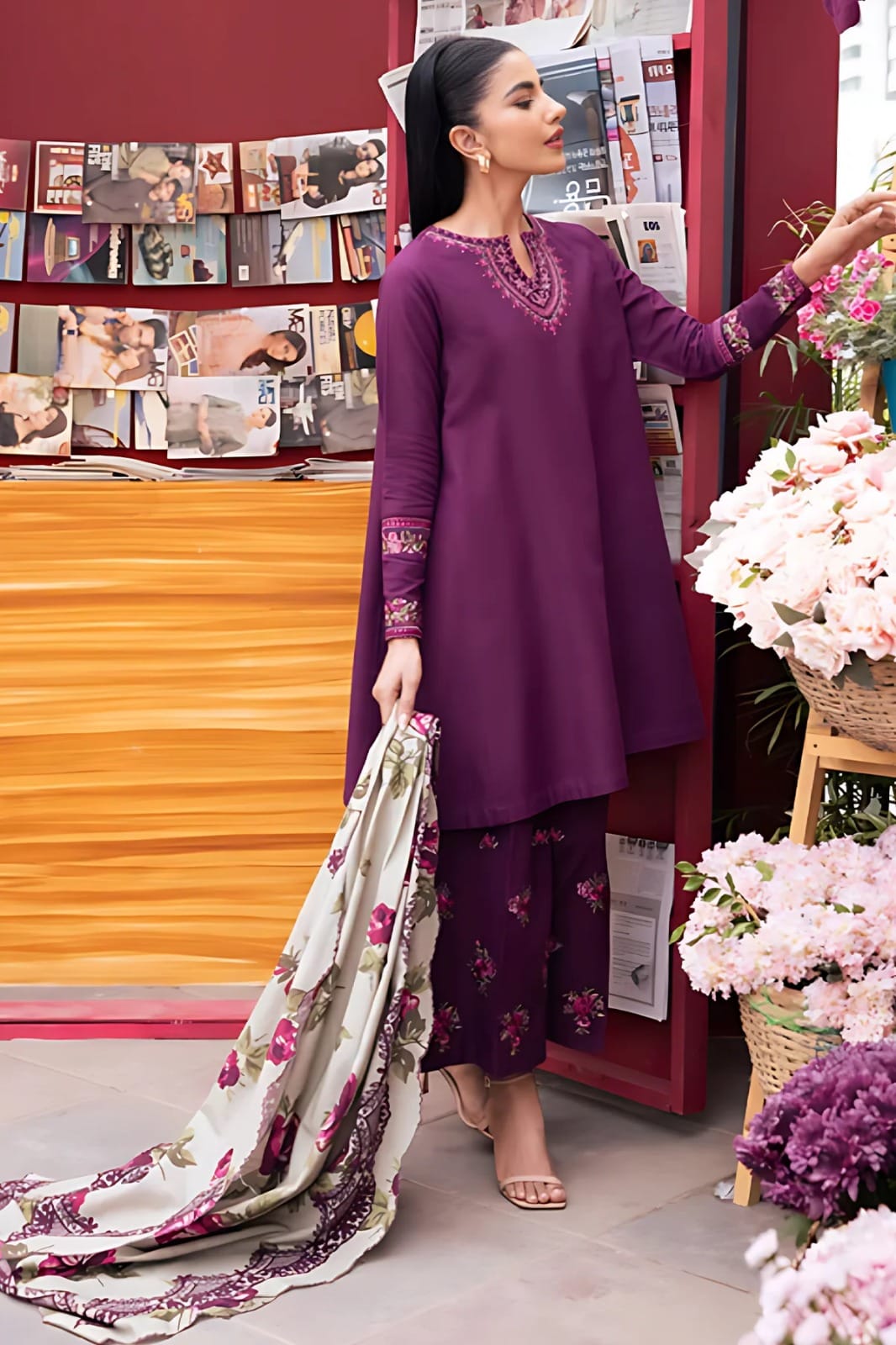 3PC-Embroidery Suit With Dhanak Shawl-QA878