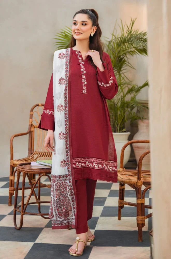 3PC Unstitched Dhanak Embroidered Shirt with Embroidered Dhanak Shawl and Trousers -QA 015