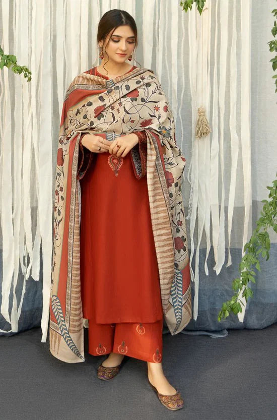 URGE-3PC DHANAK EMBROIDERED SHIRT WITH COURTRAI PRINTED SHAWL AND TROUSER-BIC-4136