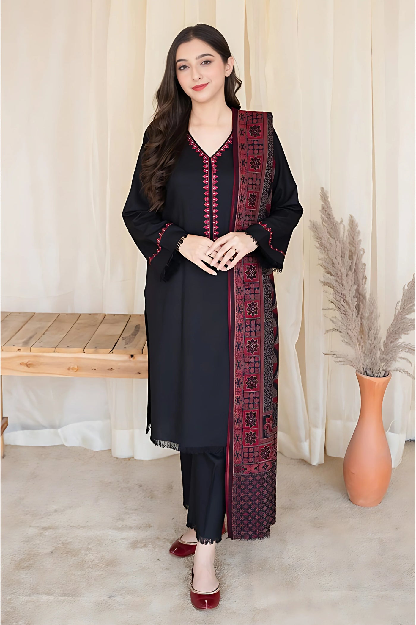 AISLING - 3PC DHANAK EMBROIDERED SHIRT WITH SLUB WOOL SHAWL AND TROUSER -QA1386