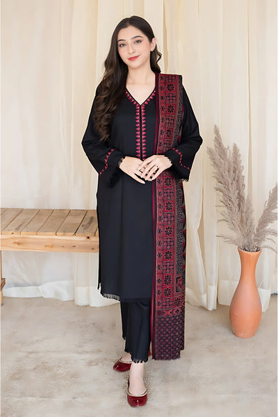 AISLING - 3PC DHANAK EMBROIDERED SHIRT WITH SLUB WOOL SHAWL AND TROUSER -QA1386