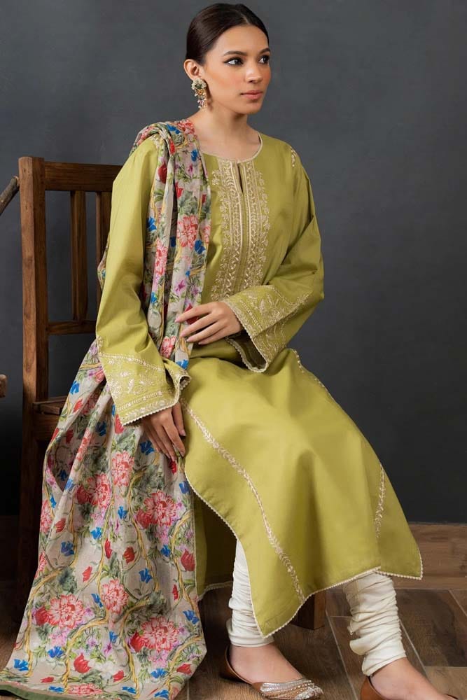 3PC Embroidery Suit with Dhanak Shawl-QA-87