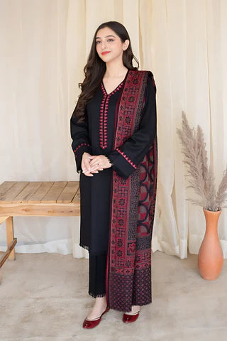 AISLING - 3PC DHANAK EMBROIDERED SHIRT WITH SLUB WOOL SHAWL AND TROUSER -QA1386