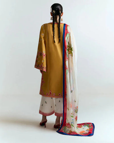 HUSSAIN REHAR - 3PC DHANAK HEAVY EMBROIDERED SHIRT WITH COURTRAI PRINTED SHAWL AND EMB TROUSER-BIC-4212
