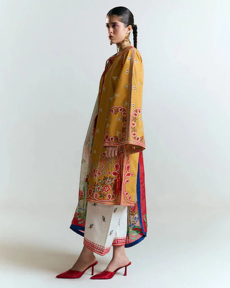 HUSSAIN REHAR - 3PC DHANAK HEAVY EMBROIDERED SHIRT WITH COURTRAI PRINTED SHAWL AND EMB TROUSER-BIC-4212