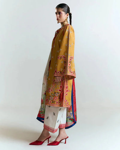 HUSSAIN REHAR - 3PC DHANAK HEAVY EMBROIDERED SHIRT WITH COURTRAI PRINTED SHAWL AND EMB TROUSER-BIC-4212