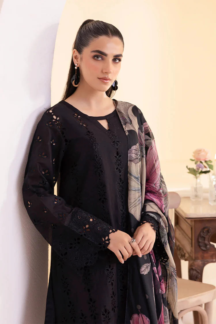 IZNIK-3PC DHANAK CHIKAN EMBROIDERED SHIRT WITH COURTRAI PRINTED SHAWL AND EMB TROUSER-BIC-4022