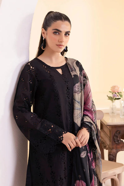 IZNIK-3PC DHANAK CHIKAN EMBROIDERED SHIRT WITH COURTRAI PRINTED SHAWL AND EMB TROUSER-BIC-4022