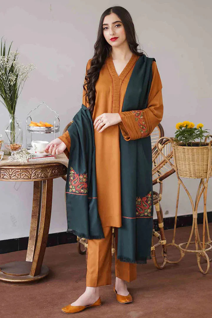 3PC-Embroidery Suit With Dhanak Shawl-QA037