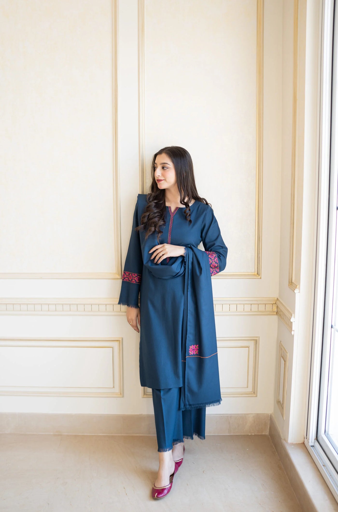 3PC Unstitched Dhanak Embroidered Shirt with Embroidered Dhanak Shawl and Trousers -QA015