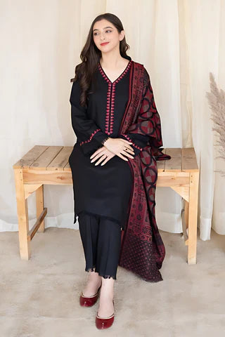 AISLING - 3PC DHANAK EMBROIDERED SHIRT WITH SLUB WOOL SHAWL AND TROUSER -QA1386