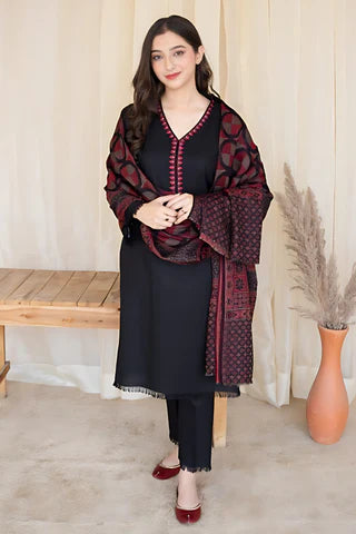 AISLING - 3PC DHANAK EMBROIDERED SHIRT WITH SLUB WOOL SHAWL AND TROUSER -QA1386