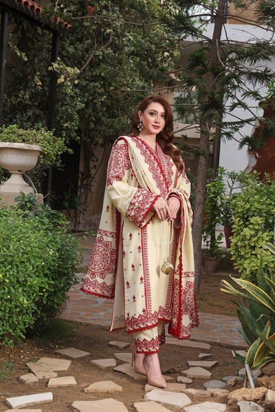 ASIM JOFA-3PC DHANAK EMBROIDERED SHIRT WITH DHANAK EMBROIDERED SHAWL & TROUSER-BIC-4304