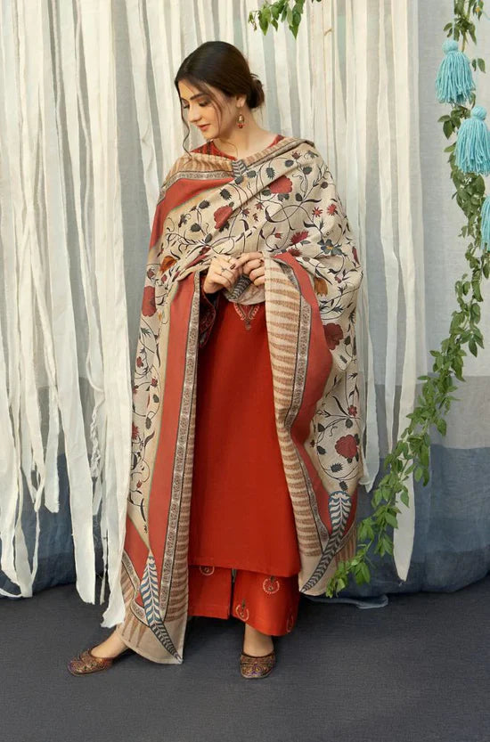 URGE-3PC DHANAK EMBROIDERED SHIRT WITH COURTRAI PRINTED SHAWL AND TROUSER-BIC-4136