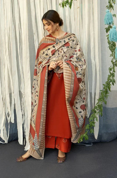 URGE-3PC DHANAK EMBROIDERED SHIRT WITH COURTRAI PRINTED SHAWL AND TROUSER-BIC-4136