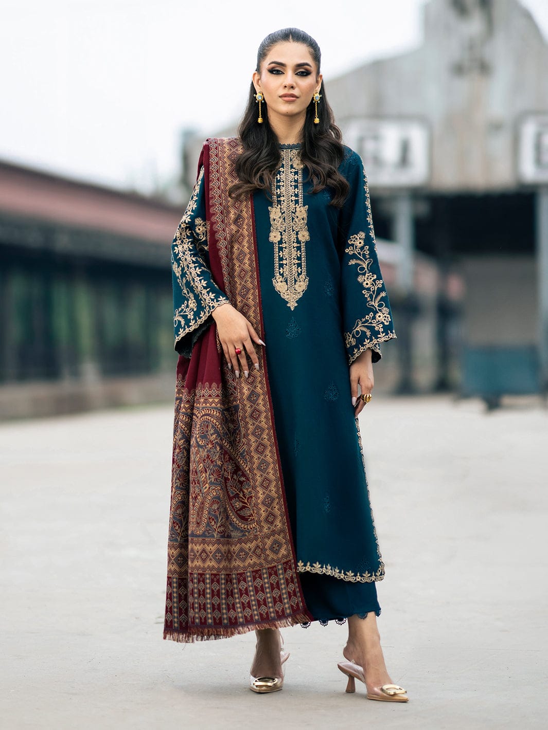 3PC-Embroidery Suit With Dhanak Shawl-QA777