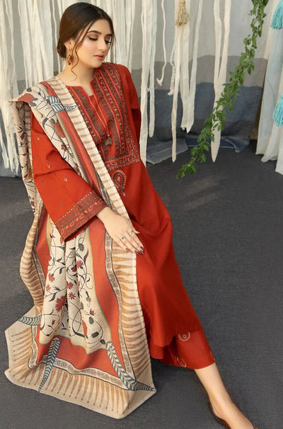 URGE-3PC DHANAK EMBROIDERED SHIRT WITH COURTRAI PRINTED SHAWL AND TROUSER-BIC-4136