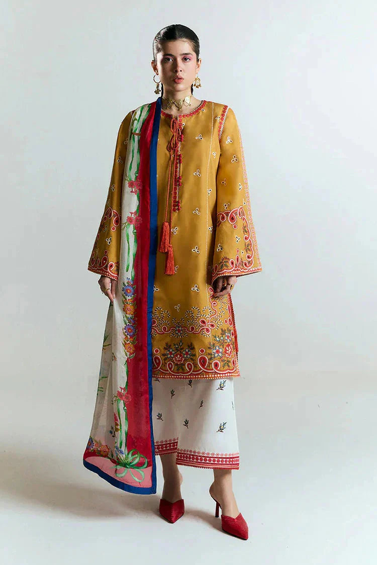 HUSSAIN REHAR - 3PC DHANAK HEAVY EMBROIDERED SHIRT WITH COURTRAI PRINTED SHAWL AND EMB TROUSER-BIC-4212