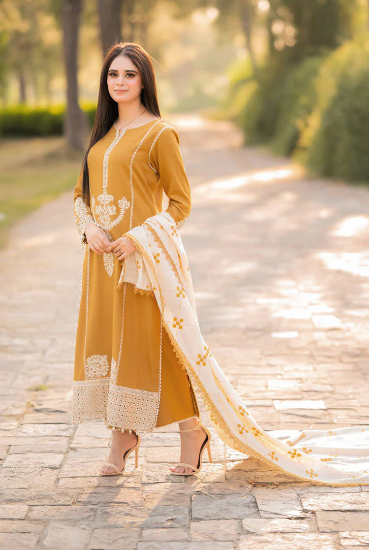 LIBAAS-3PC DHANAK EMBROIDERED SHIRT WITH DHANAK EMBROIDERED SHAWL AND TROUSER BIC-4281