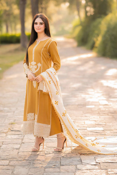 LIBAAS-3PC DHANAK EMBROIDERED SHIRT WITH DHANAK EMBROIDERED SHAWL AND TROUSER BIC-4281