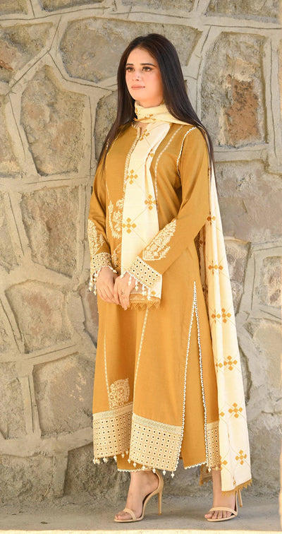 LIBAAS-3PC DHANAK EMBROIDERED SHIRT WITH DHANAK EMBROIDERED SHAWL AND TROUSER BIC-4281
