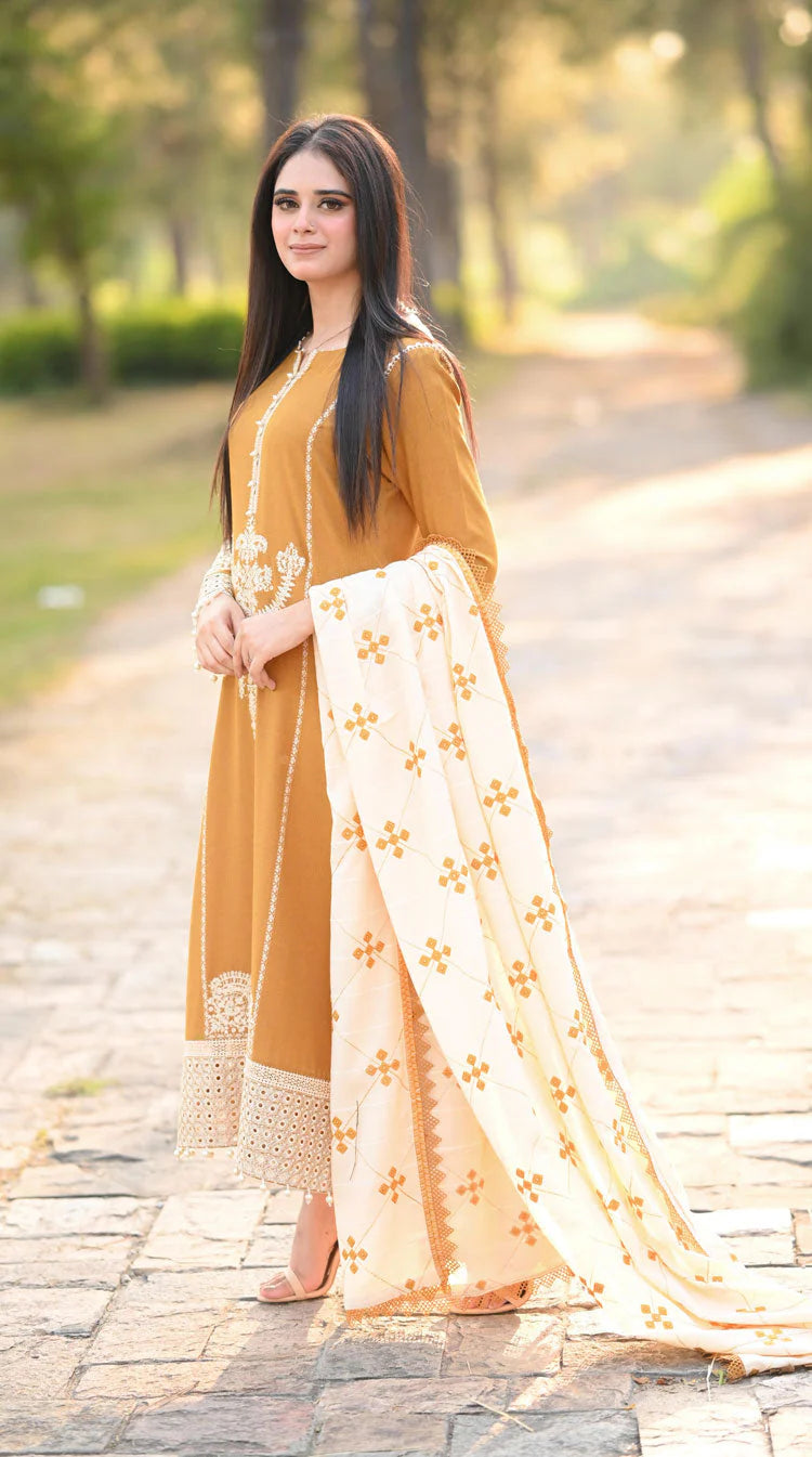 LIBAAS-3PC DHANAK EMBROIDERED SHIRT WITH DHANAK EMBROIDERED SHAWL AND TROUSER BIC-4281