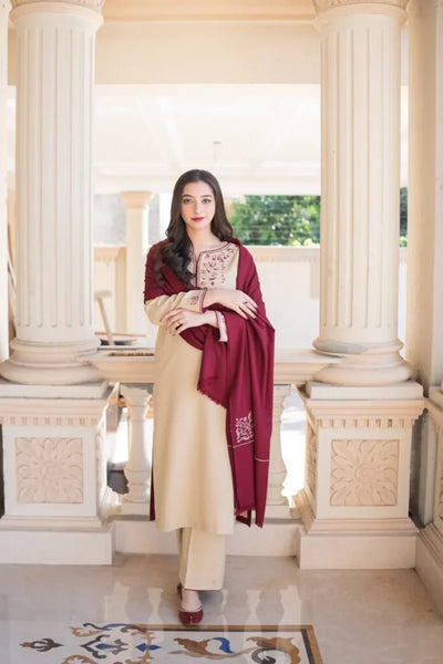 3PC-Embroidery Suit With Dhanak Shawl-LH037