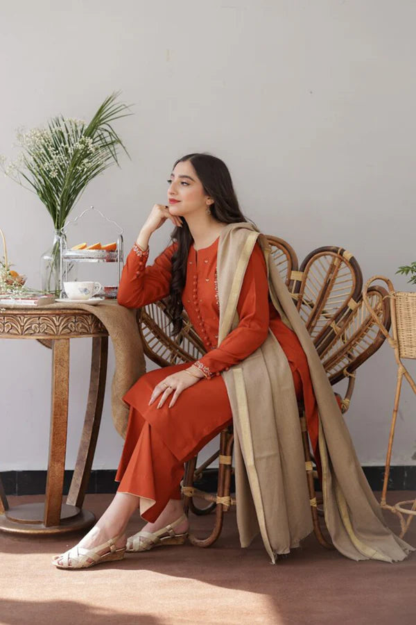 Asling Carrot 3PC Embroidered Dhanak with Embroidered Dhanak Shawl - QA1770