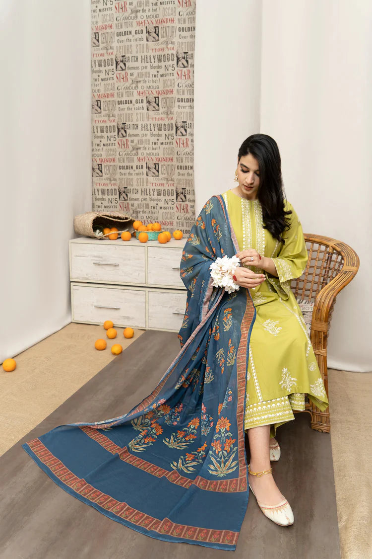 URGE-3PC DHANAK EMBROIDERED SHIRT WITH COUTRAI WOOL PRINT SHAWL AND EMB TROUSER-BIC-4013