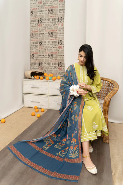 URGE-3PC DHANAK EMBROIDERED SHIRT WITH COUTRAI WOOL PRINT SHAWL AND EMB TROUSER-BIC-4013
