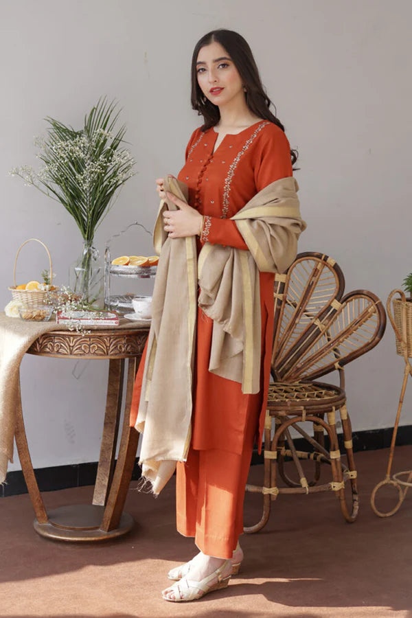 Asling Carrot 3PC Embroidered Dhanak with Embroidered Dhanak Shawl - QA1770