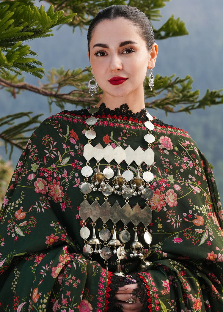 HUSSAIN REHAR-3PC KARANDI EMBROIDERED SHIRT WITH COURTRAI PRINTED SHAWL AND TROUSER-BIC-4261