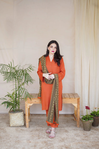 3PC Embroidery Suit with Dhanak Shawl-QA-49
