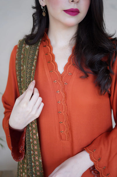 3PC Embroidery Suit with Dhanak Shawl-QA-49