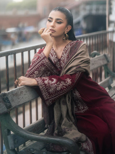 IZEL-3PC DHANAK EMBROIDERED SHIRT WITH COUTRAI PRINTED SHAWL AND TROUSER-BIC-4127