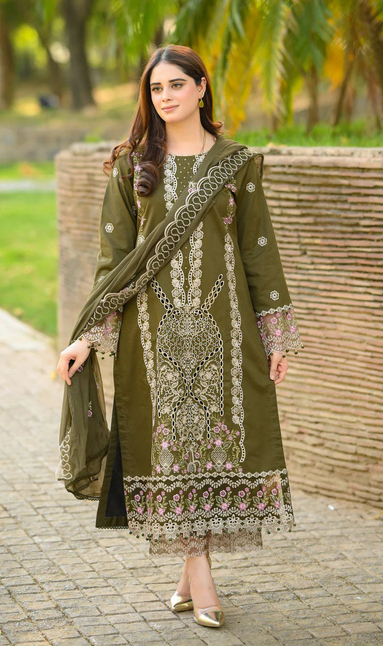 LIBAAS-3PC KARANDI EMBROIDERED SHIRT WITH KARANDI EMBROIDERED SHAWL & EMB TROUSER-BIC-4298