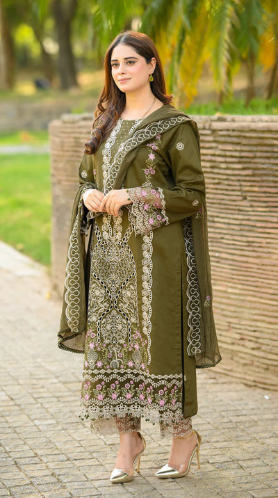 LIBAAS-3PC KARANDI EMBROIDERED SHIRT WITH KARANDI EMBROIDERED SHAWL & EMB TROUSER-BIC-4298