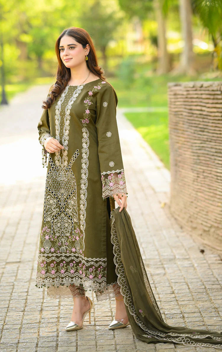 LIBAAS-3PC KARANDI EMBROIDERED SHIRT WITH KARANDI EMBROIDERED SHAWL & EMB TROUSER-BIC-4298