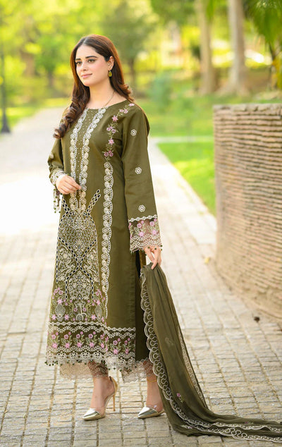 LIBAAS-3PC KARANDI EMBROIDERED SHIRT WITH KARANDI EMBROIDERED SHAWL & EMB TROUSER-BIC-4298