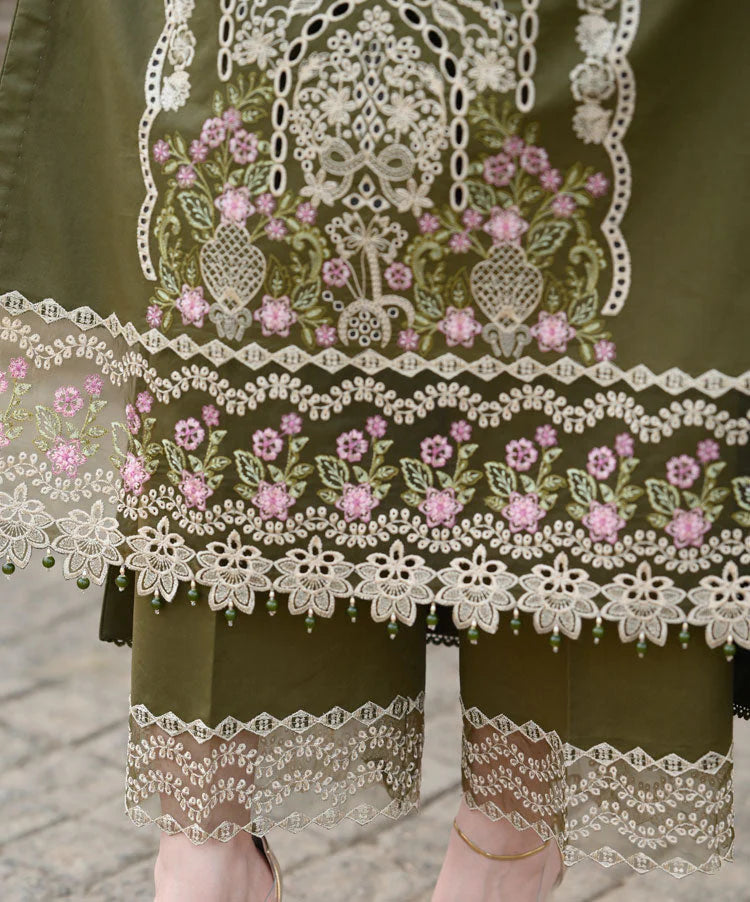 LIBAAS-3PC KARANDI EMBROIDERED SHIRT WITH KARANDI EMBROIDERED SHAWL & EMB TROUSER-BIC-4298