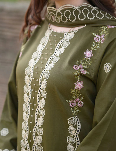 LIBAAS-3PC KARANDI EMBROIDERED SHIRT WITH KARANDI EMBROIDERED SHAWL & EMB TROUSER-BIC-4298