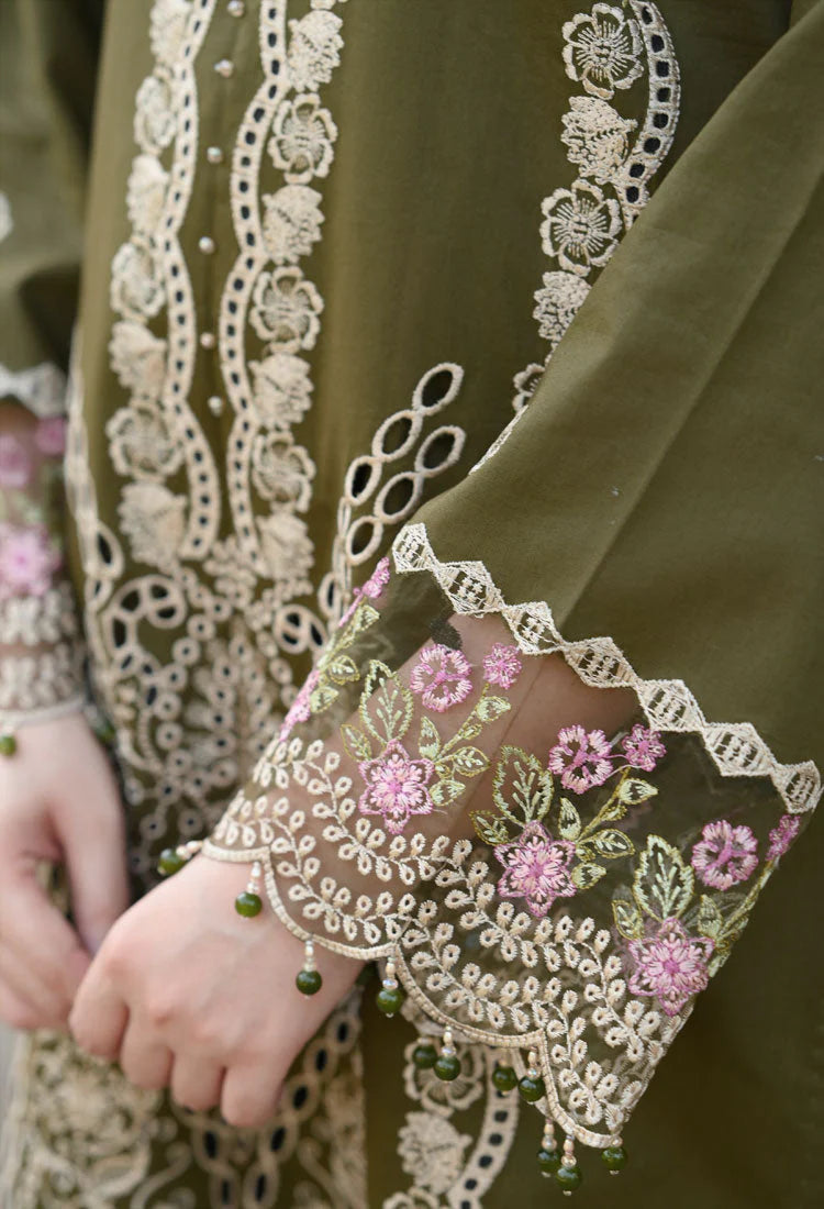 LIBAAS-3PC KARANDI EMBROIDERED SHIRT WITH KARANDI EMBROIDERED SHAWL & EMB TROUSER-BIC-4298