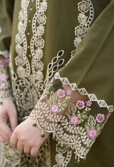 LIBAAS-3PC KARANDI EMBROIDERED SHIRT WITH KARANDI EMBROIDERED SHAWL & EMB TROUSER-BIC-4298