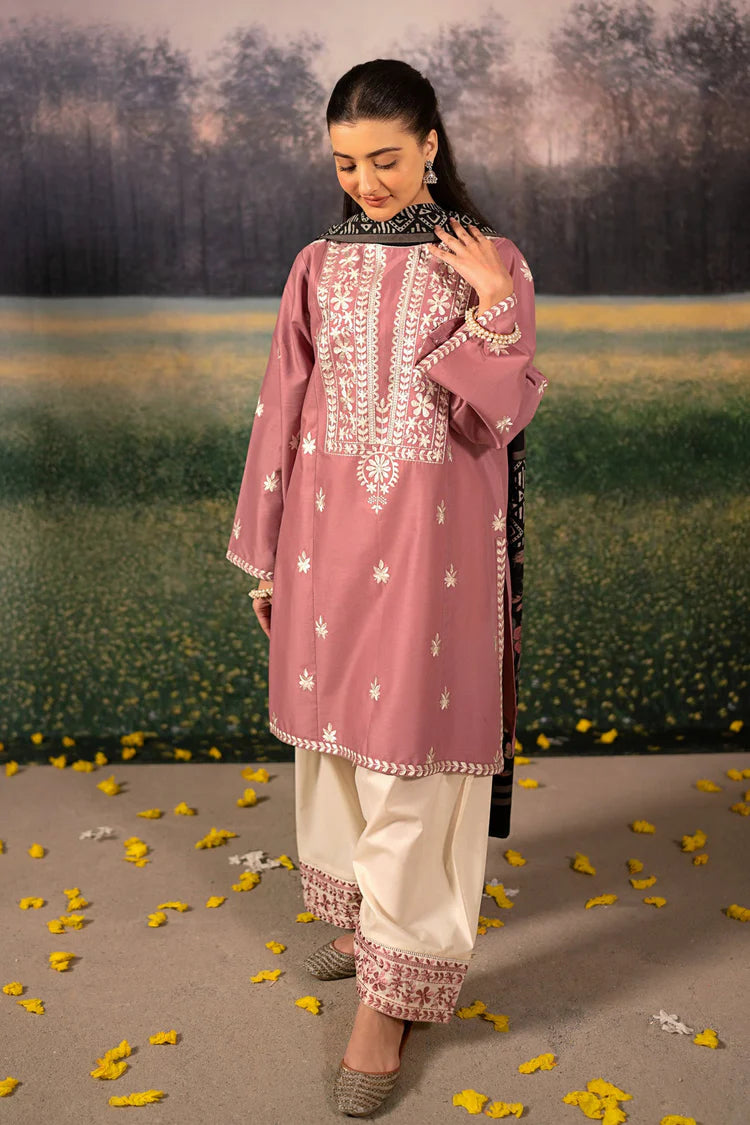 URGE-3PC DHANAK EMBROIDERED SHIRT WITH COUTRAI WOOL PRINTED SHAWL AND EMB TROUSER-BIC-4086